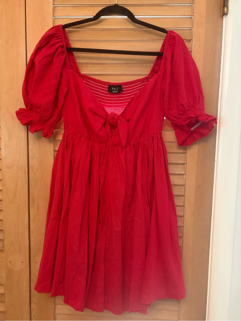Vici Hot Pink Puff Sleeve Linen Blend Mini Dress Tie Front Sz M